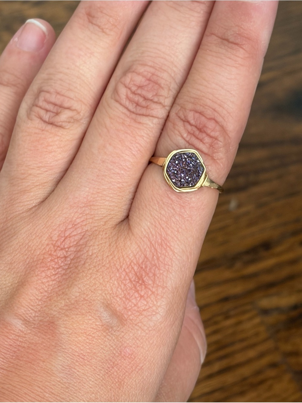 Rare: 14K Gold Fill Bezel Wrapped Hexagon Purple Druzy Ring, Size